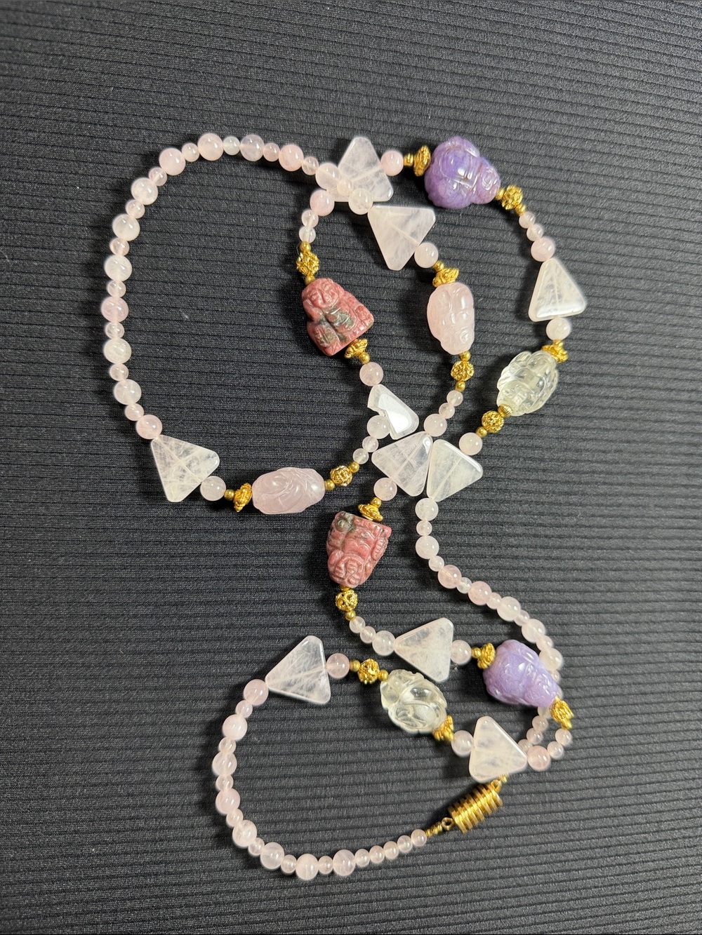 Rose Quartz Beaded Necklace with Multicolor Buda Accents